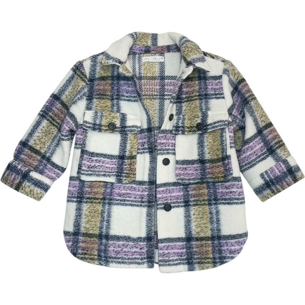 Zara Womens Plaid Shacket Purple Green Wool Blend Button Up Shirt Jacket Size 6
